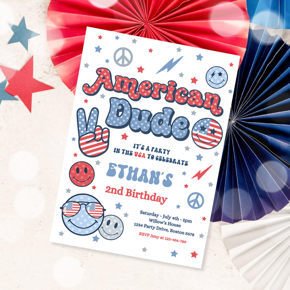 1 Editable 4th Of July Birthday Party Invitation Retro American Dude Birthday Party Invite America Vibes Birthday Party