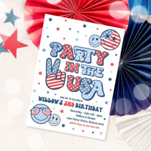 1 Editable 4th Of July Birthday Party Invitation Retro Groovy Party In The USA Invite Red White Groovy Birthday Party