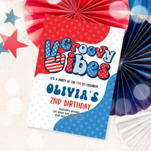 1 Editable 4th Of July Birthday Party Invitation Retro Groovy Vibes Birthday Party Red White And Groovy Birthday Party