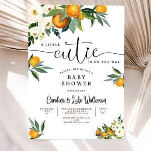 1 Editable A Little Cutie is on the Way Greenery Orange Gender Neutral Baby Shower Invitation Invites Template