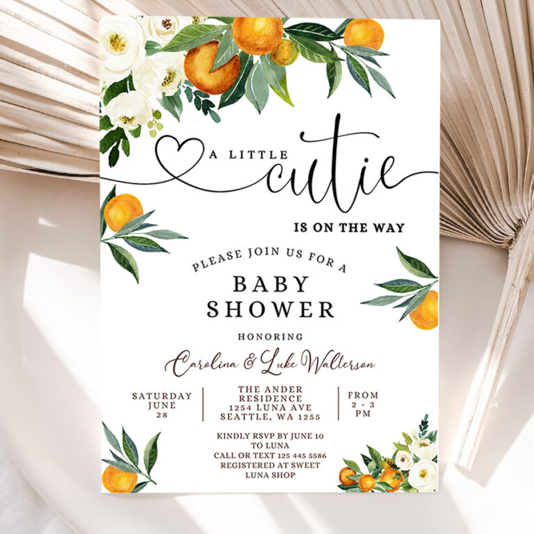 1 Editable A Little Cutie is on the Way Greenery Orange Gender Neutral Couples Baby Shower Invitation Invites Template