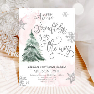 1 Editable A Little Snowflake is on the Way Baby Shower Invitation Winter Girl Blush Pink Snow Watercolor Tree Download Corjl Template 0363 1