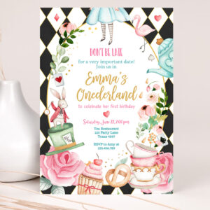 1 Editable Alice In Wonderland Birthday Invitation Girl First Birthday 1st Onederland Tea Party Pink Printable Template Corjl Digital 0350 1
