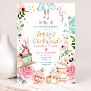 1 Editable Alice In Wonderland Birthday Party Invitation Girl First Birthday 1st Onederland Tea Party Pink Printable Template Corjl Digital 0350 1