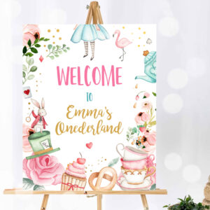 1 Editable Alice in Wonderland Welcome Sign Alice in Onederland Birthday Sign Girl Pink Mad Tea Party Shower Template Corjl PRINTABLE 0350 1