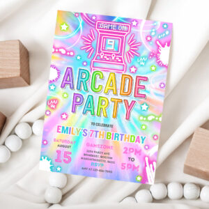 1 Editable Arcade Party Birthday Invitation Tie Dye Neon Video Gaming Arcade Birthday Party Light Neon Glow Gaming Party