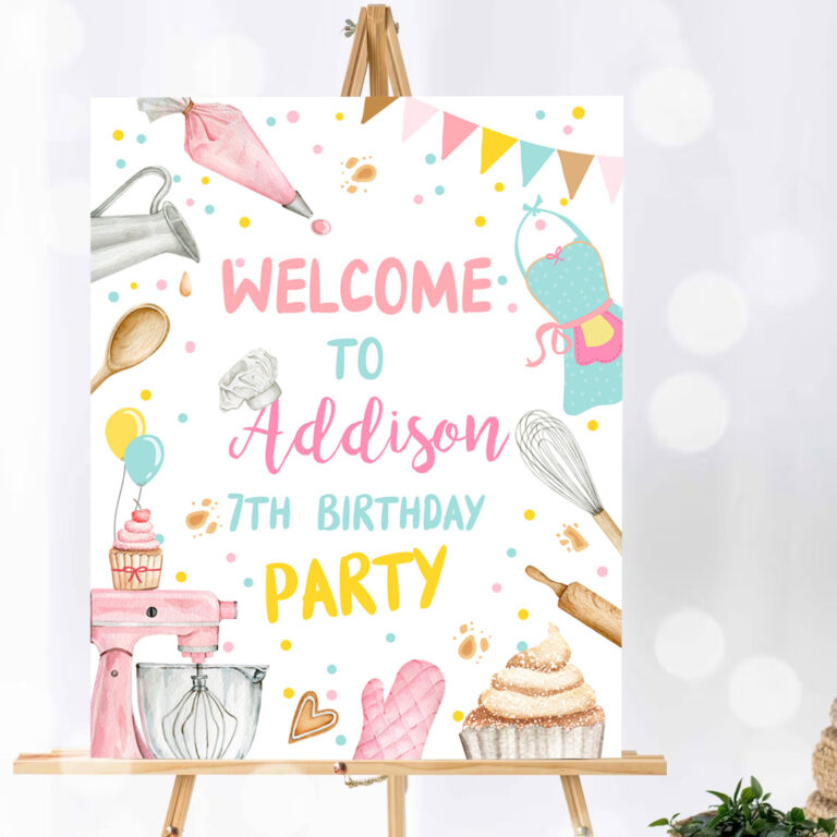 1 Editable Baking Birthday Party Welcome Sign Cooking Birthday Welcome Pink Girl Little Chef Cupcake Decorating Template PRINTABLE Corjl 0364 1