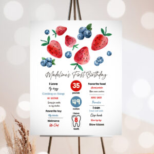 1 Editable Berry First Birthday Milestones Sign Strawberry Blueberry First Birthday Girl Farmers Market Download Template Printable Corjl 0399 1