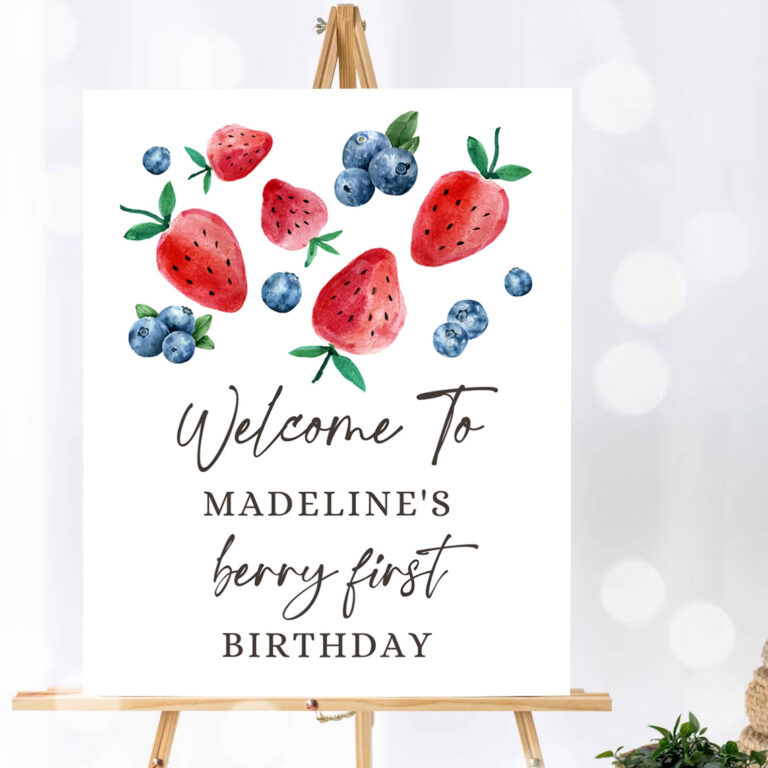 1 Editable Berry First Birthday Welcome Sign Strawberry Blueberry Party Welcome Farmers Market Girl Watercolor Template PRINTABLE Corjl 0399 1