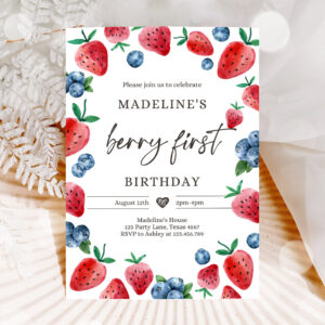 1 Editable Berry Sweet Birthday Invite Blueberry Strawberry Picking Party Farmers Market Twin Printable Template Corjl Digital 0399 1