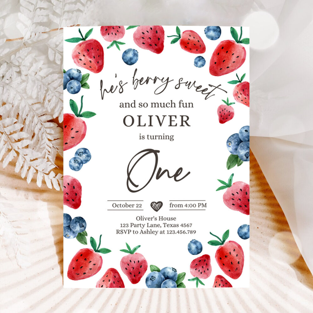 1 Editable Berry Sweet Birthday Party Invitation Blueberry Strawberry Picking Party Farmers Market Twin Printable Template Corjl Digital 0399 1