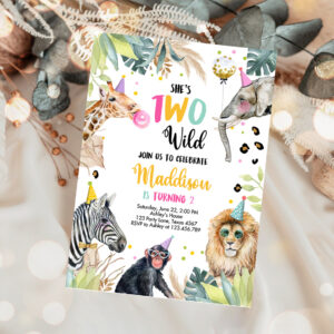 1 Editable Birthday Invitation Girl Two Wild Animals Invite Pink and Gold Safari Zoo Instant Download Printable Template Digital Corjl 0417 1