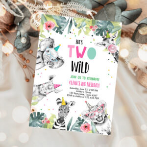 1 Editable Birthday Invitation Girl Two Wild Animals Invite Pink and Gold Safari Zoo Invitation