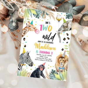 1 Editable Birthday Party Invitation Girl Two Wild Animals Invite Pink and Gold Safari Zoo Instant Download Printable Template Digital Corjl 0417 1