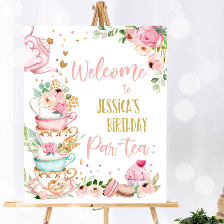 1 Editable Birthday Tea Party Welcome Sign Birthday Par tea Floral Pink Gold Whimsical Girl Shower Garden Party Template PRINTABLE Corjl 0349 1