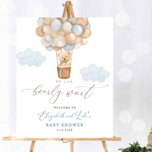 1 Editable Blue Hot Air Balloon Boho Blue Bear We Can Bearly Wait Baby Shower Welcome Sign Decor Decors Template