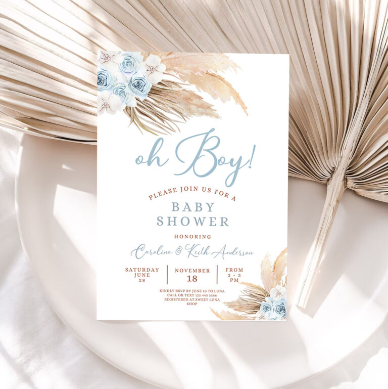 1 Editable Blue Pampas Grass Boho Baby Shower Invitation Boy Minimalist Pastel Baby Shower Invites Printable