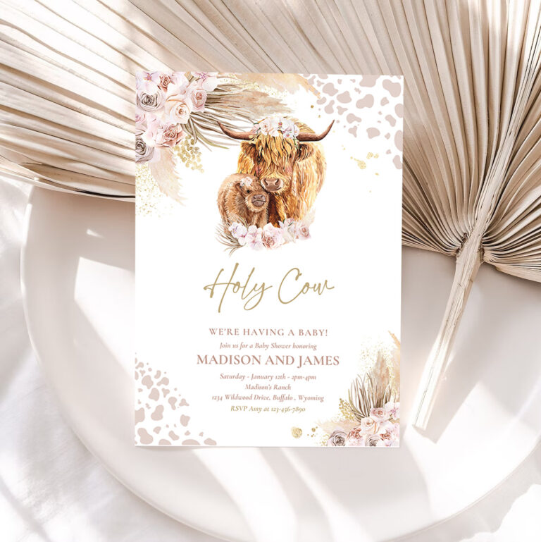 1 Editable Boho Cow Baby Shower Invitation Holy Cow Were Having A Baby Pink Pampas Grass Boho Highland Cow Baby Shower Instant Download K4 1