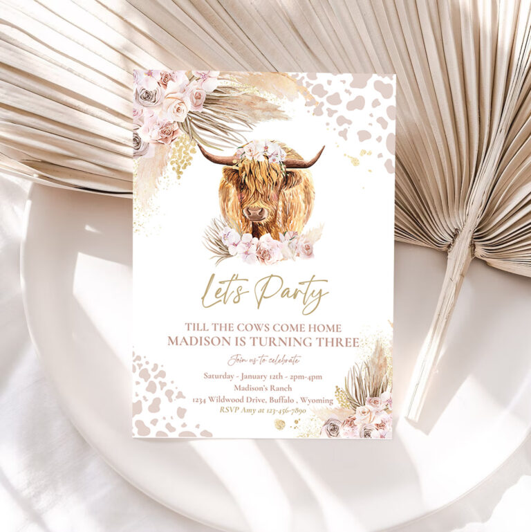 1 Editable Boho Cow Birthday Party Invitation Lets Party Till The Cows Come Home Pampas Grass Highland Cow Party Instant Download Editable K4 1