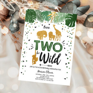 1 Editable Born Two Be Wild Birthday Invitation Boy Animals Jungle Safari Green Gold 2nd Birthday Download Printable Template Corjl 0016 1