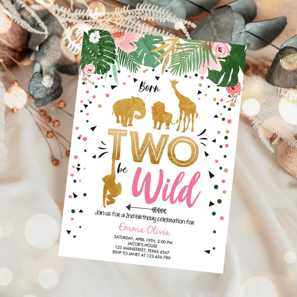 1 Editable Born Two Be Wild Birthday Invitation Girl Animals Jungle Safari Pink Gold 2nd Birthday Download Printable Template Corjl 0016 1