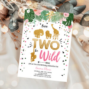 1 Editable Born Two Be Wild Birthday Invitation Girl Animals Jungle Safari Pink Gold 2nd Birthday Download Printable Template Corjl 0016 1