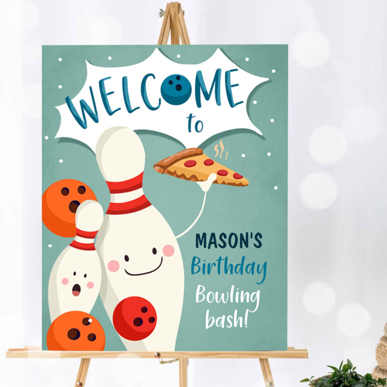 1 Editable Bowling Birthday Welcome Sign Strike Up Some Fun Boy Bowling Party Pizza Welcome Poster Blue Orange Template PRINTABLE Corjl 0324 1