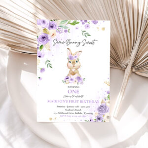 1 Editable Bunny Birthday Party Invitation Some Bunny 1st Birthday Purple Floral Spring Bunny 1st Birthday Party