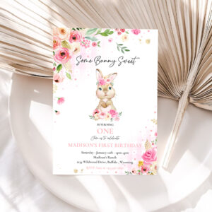 1 Editable Bunny Birthday Party Invitation Some Bunny Pink 1st Birthday Pink Floral Spring Bunny 1st Birthday Party