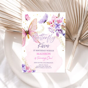 1 Editable Butterfly Birthday Invitation Girl Butterfly Kisses Invite 1st Birthday Party Floral Pink Download Printable Template Corjl 0437 1