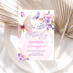 1 Editable Butterfly Birthday Invitation Girl Purple Butterfly Invite 1st Birthday Party Floral Pink Download Printable Template Corjl 0437 1