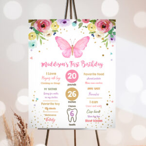 1 Editable Butterfly Birthday Milestones Sign Garden 1st Birthday First Birthday Girl Pink and Gold Download Corjl Template Printable 0162 1