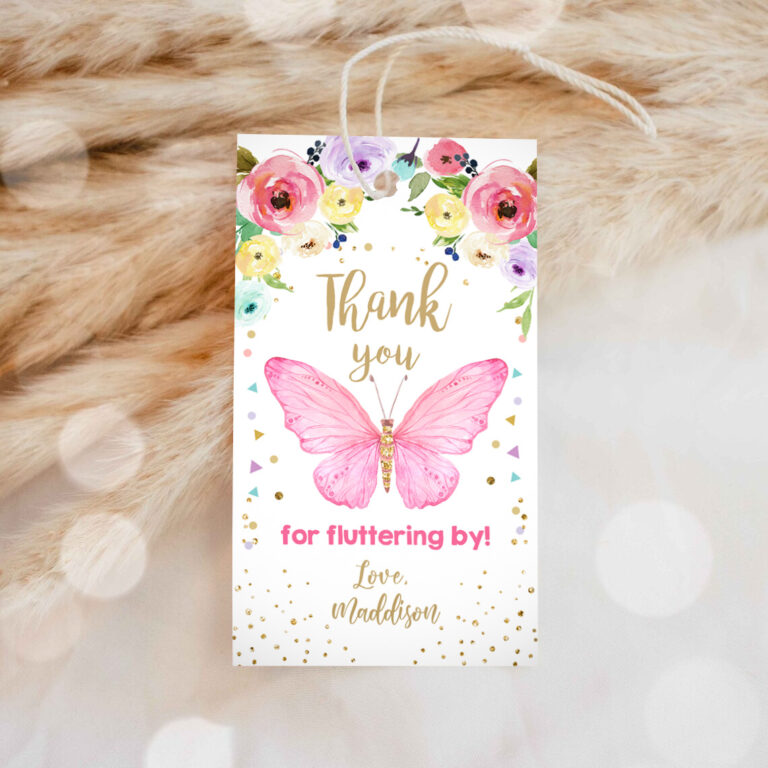1 Editable Butterfly Favor Tag Butterfly Birthday Thank you tags Garden Shower Pink Gold Girl Fluttering By Floral Template PRINTABLE 0162 1