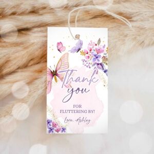 1 Editable Butterfly Favor Tags Butterfly Birthday Thank you Tags Garden Shower Pink Gold Girl Fluttering By Floral Template PRINTABLE 0437 1