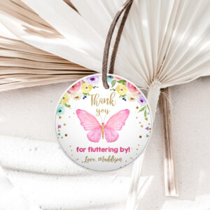 1 Editable Butterfly Favor Tags Butterfly Birthday Thank you tags Garden Shower Pink Gold Girl Fluttering By Floral Template PRINTABLE 0162 1