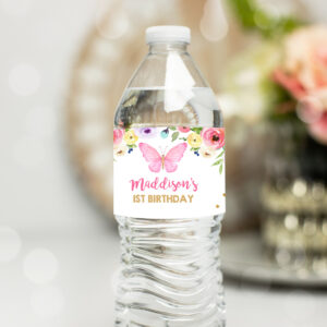 1 Editable Butterfly Water Bottle Label Girl First Birthday Party Garden Pink Gold Spring Drinks Labels Download Printable Template Corjl 0162 1