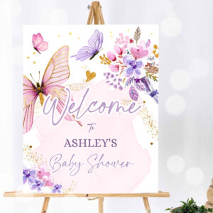 1 Editable Butterfly Welcome Sign Butterfly Baby Shower Butterfly Party Garden Girl Pink Gold Floral Purple Template PRINTABLE Corjl 0437 1