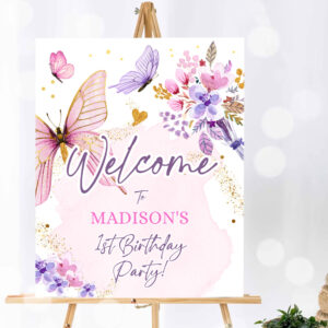 1 Editable Butterfly Welcome Sign Butterfly Birthday Party Butterfly Party Garden Girl Pink Gold Floral Purple Template PRINTABLE Corjl 0437 1