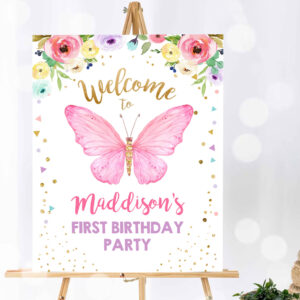 1 Editable Butterfly Welcome Sign Butterfly Birthday Party Butterfly Welcome Garden Girl Pink Gold Floral Template PRINTABLE Corjl 0162 1
