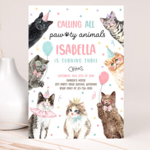 1 Editable Calling All Paw ty Animals Kitten Birthday Party Invitation Cat Birthday Party Lets Pawty Kitty Cat Party