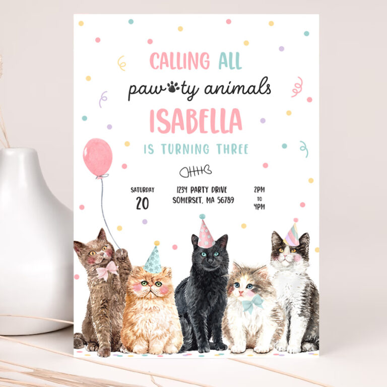 1 Editable Calling All Pawty Animals Kitten Birthday Party Invitation Cat Birthday Party Lets Pawty Kitty Cat Party