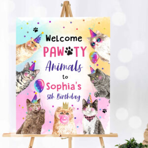 1 Editable Cat Birthday Party Welcome Sign Kitten Birthday Pink Girl Kitty Cat Paw ty Pawty Animals Cute Kitten Template Corjl PRINTABLE 0460 1