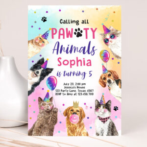 1 Editable Cats and Dogs Birthday Invitation Pawty Birthday Party Invite Girl Kitten Puppy Party Animal Download Printable Template Corjl 0460 1
