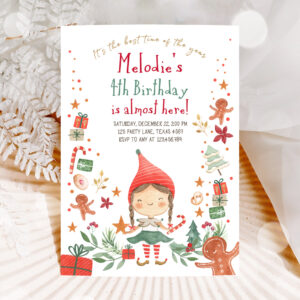 1 Editable Christmas Birthday Party Invitation Elf Birthday Invite Winter Best Time of The Year Girl Pink Gold Printable Template DIY 0358 1