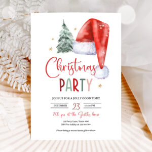 1 Editable Christmas Party Invitation Holiday Santa Hat Christmas Invitation Christmas Birthday Tree Corjl Template Download Printable 0444 1