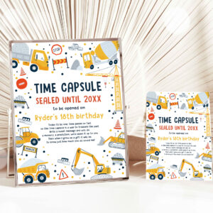 1 Editable Construction Time Capsule Matching Note Card Dump Truck Digger Excavator Construction Birthday Party Instant Download AC 1