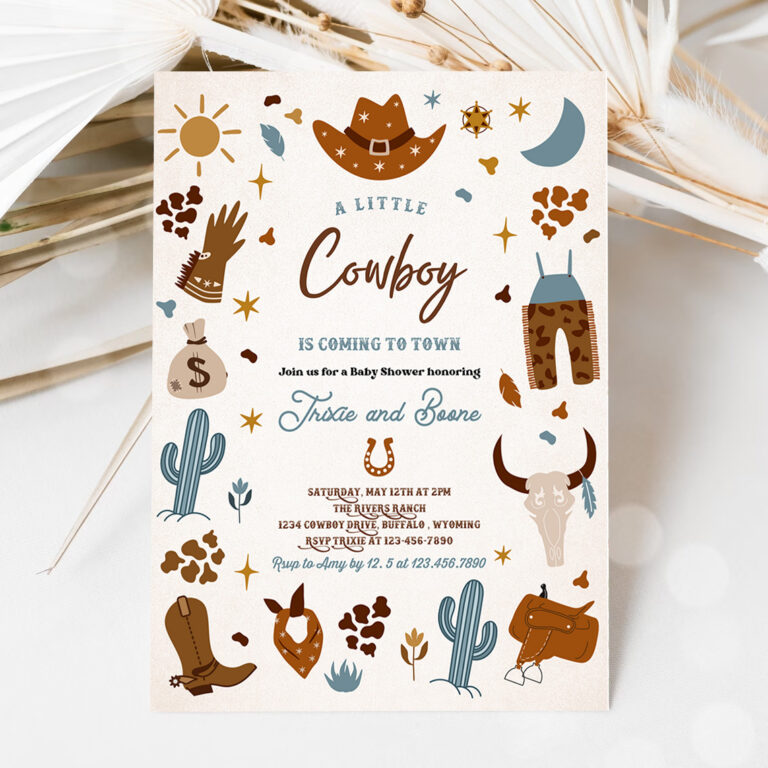 1 Editable Cowboy Baby Shower Invitation A Little Cowboy Is Coming To Town Wild West Rodeo Southwestern Ranch Baby Shower Instant Download CW 1