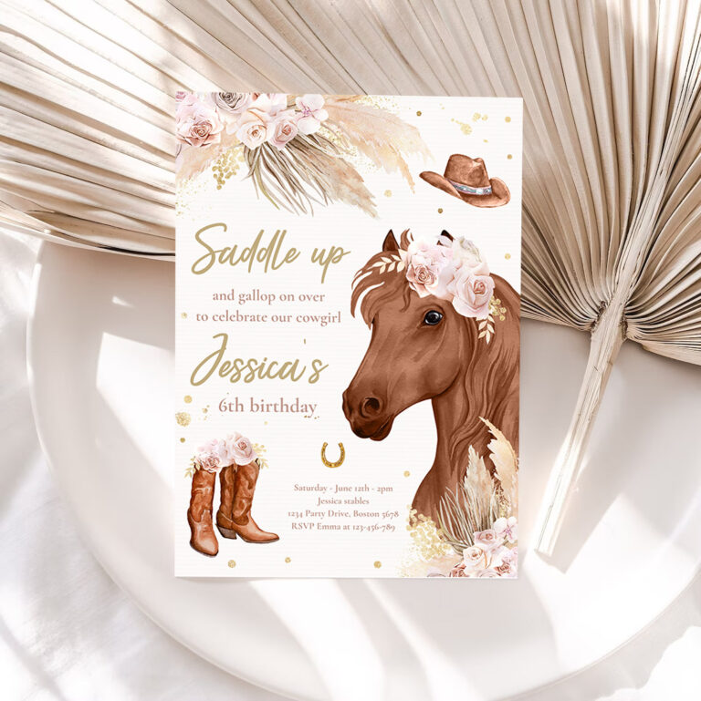 1 Editable Cowgirl Birthday Invitation Boho Horse Birthday Party Invite Muted Pink Tone Pampas Grass Cowgirl Horse Party