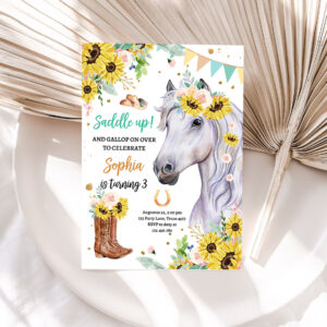 1 Editable Cowgirl Birthday Invitation Girl Saddle Up Watercolor Horse Party Horse Birthday Sunflowers Download Printable Template Corjl 0408 1