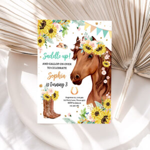 1 Editable Cowgirl Birthday Party Girl Saddle Up Watercolor Horse Party Horse Birthday Sunflowers Download Printable Template Corjl 0408 1